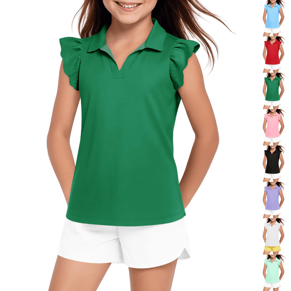 Girls Ruffle Short Sleeve Polo Shirt Kids V-Neck Golf Tennis Shirts Tops School Uniform Tees 5-14 Years Green 150