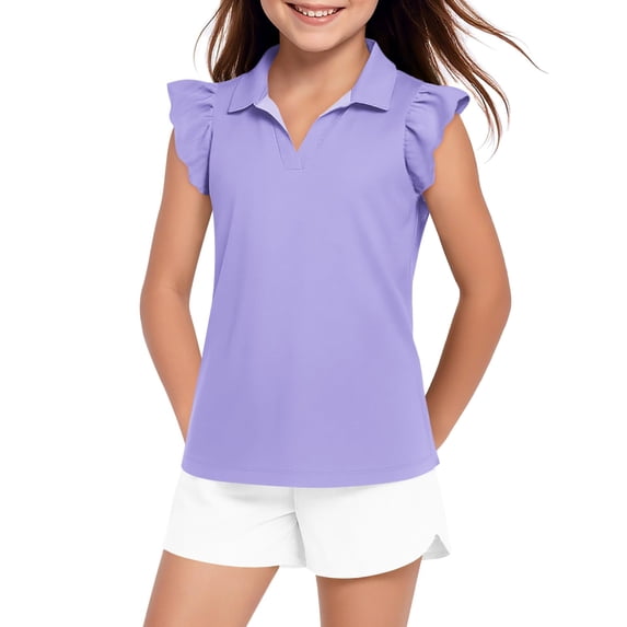 Girls Ruffle Short Sleeve Polo Shirt V-Neck Golf Tennis Top School Uniform Tees Casual Summer Tops Loose Fit Fashion Versatile Top Light Purple 100