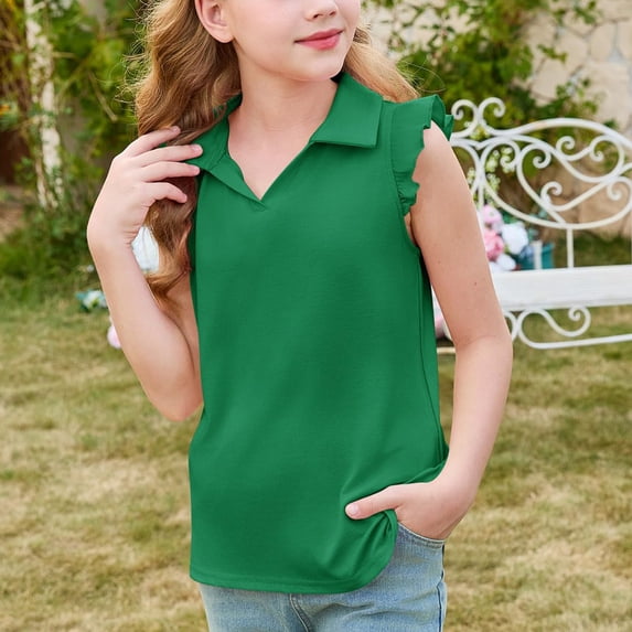 Girls Ruffle Short Sleeve Polo Shirts Collared Loose Solid School Uniform Quick Dry Golf Tennis T Shirts, 100