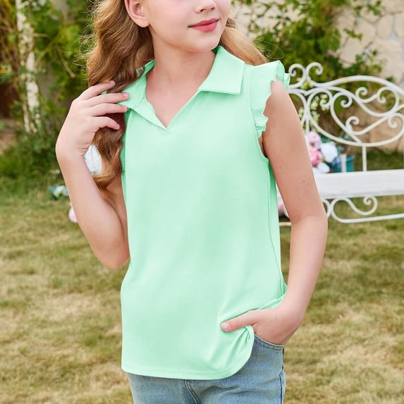 Girls Ruffle Short Sleeve Polo Shirts Collared Loose Solid School Uniform Quick Dry Golf Tennis T Shirts, 100