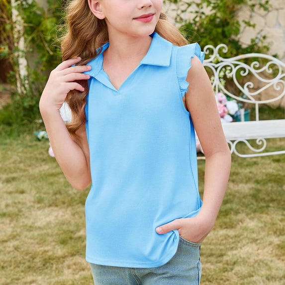 Girls Ruffle Short Sleeve Polo Shirts Collared Loose Solid School Uniform Quick Dry Golf Tennis T Shirts, 110