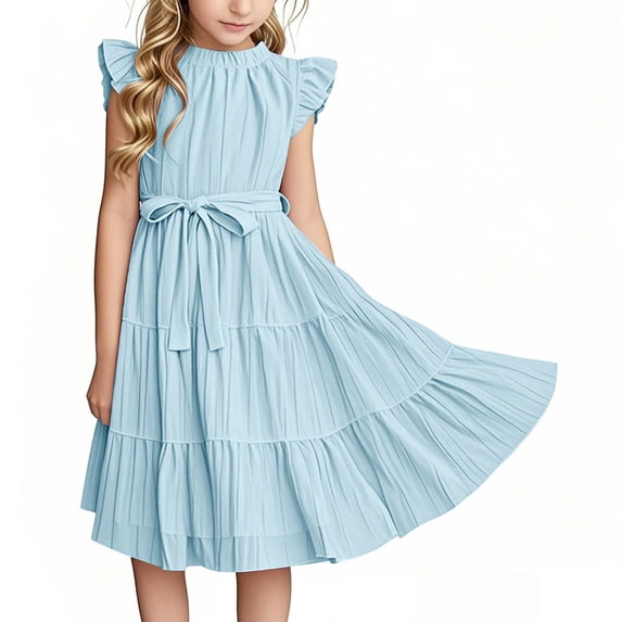 Girls' Ruffle Sleeve A-Line Dress with Belt, Soft and Breathable Polyester for Casual Wear and Special Occasions