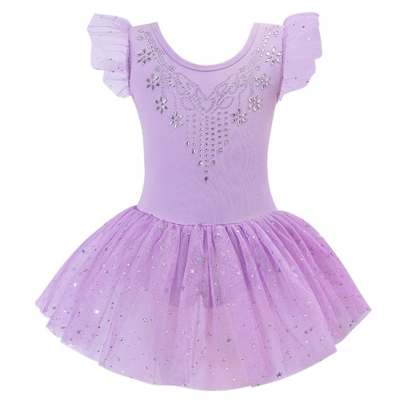Girls Ruffle Sleeve Ballet Dance Dress Tutu Skirted Leotard Ballerina Outfits with Shiny Skirt Stage Dance Wear