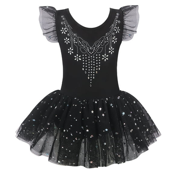 Girls Ruffle Sleeve Ballet Dance Dress Tutu Skirted Leotard Ballerina Outfits with Shiny Skirt Stage Dance Wear