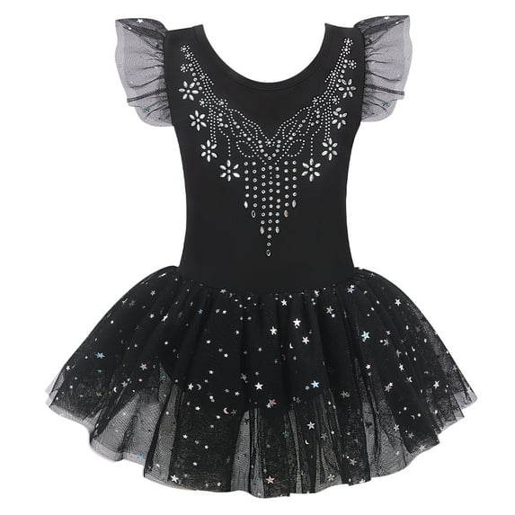 Toddler & Little Girls' Ballet Leotard Dress - Ruffle Sleeves, Shiny Tutu Skirt - Ballerina Class & Recital Stage Outfit