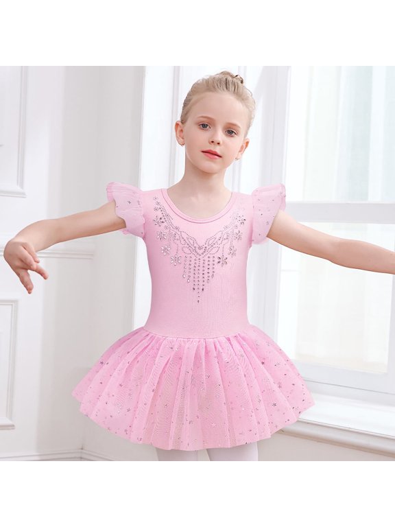 Toddler & Little Girls' Ballet Leotard Dress - Ruffle Sleeves, Shiny Tutu Skirt - Ballerina Stage Outfit