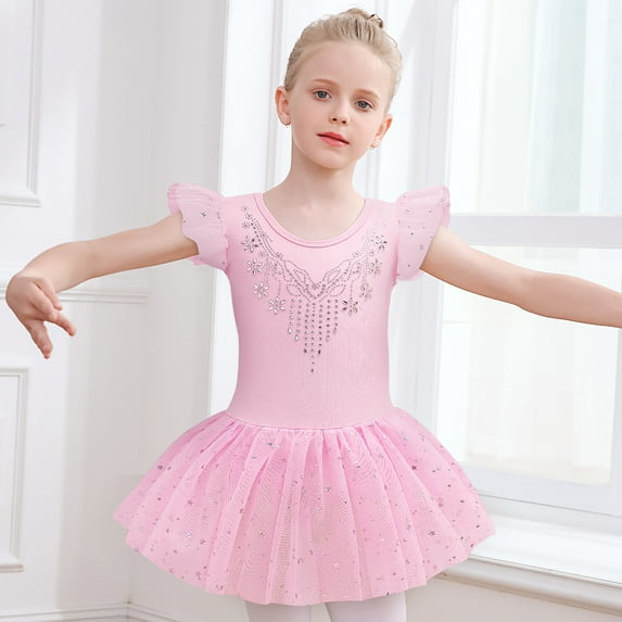 Toddler & Little Girls' Ballet Leotard Dress - Ruffle Sleeves, Shiny Tutu Skirt - Ballerina Stage Outfit