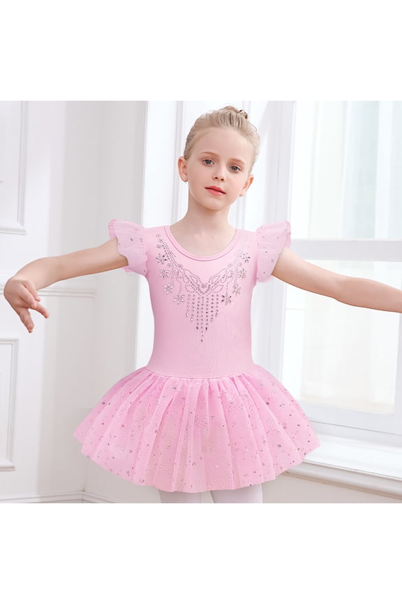 Toddler & Little Girls' Ballet Leotard Dress - Ruffle Sleeves, Shiny Tutu Skirt - Ballerina Stage Outfit