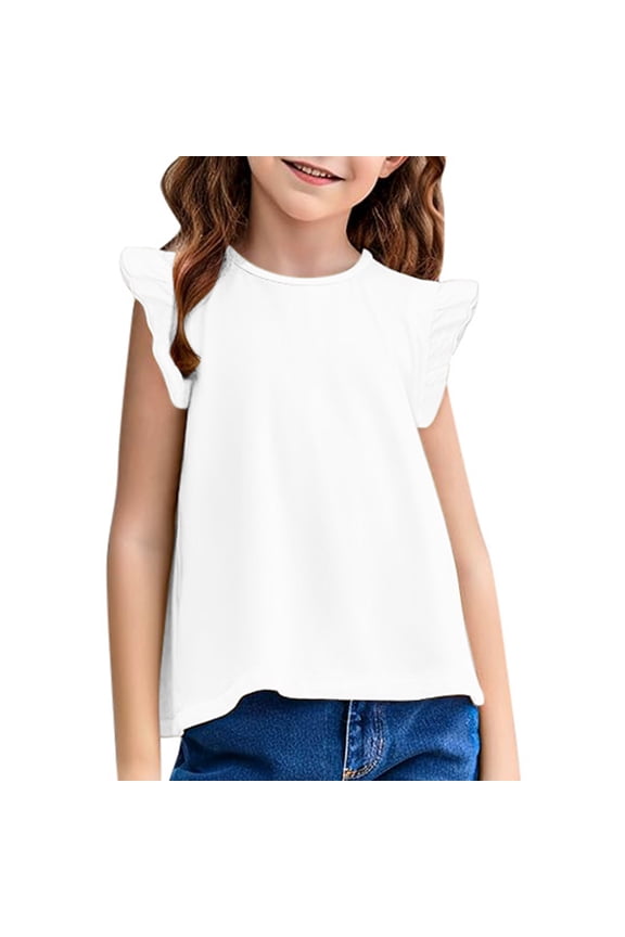 Girls Ruffle Sleeve Crewneck T-Shirt - Cotton Blend Casual Top - Available in 6 Colors for 2-9 Years