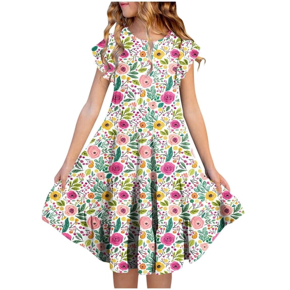 Girls Ruffle Sleeve Dress,Kids Flutter Sleeve Floral Print Tiered Dress