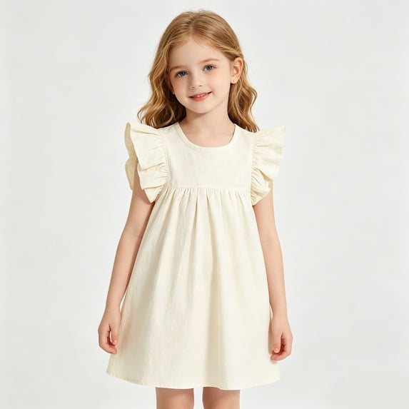 Girls Ruffle Sleeve Dress Ribbed Knit Top A-Line Casual Dress Kids Summer Dress Beige Size 3-4 Years
