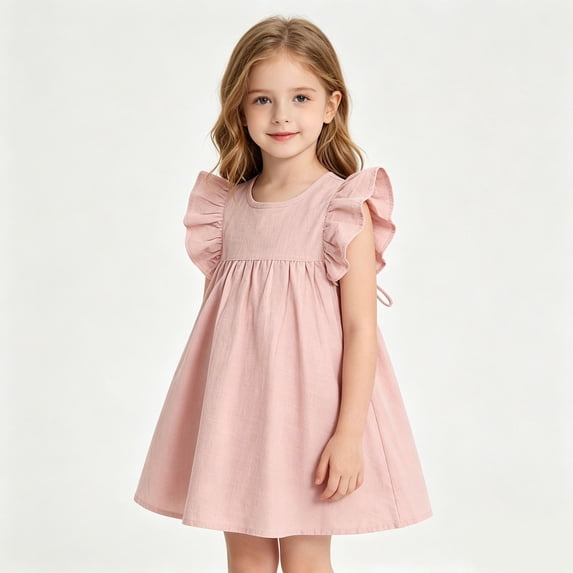 Girls Ruffle Sleeve Dress Ribbed Knit Top A-Line Casual Dress Kids Summer Dress Pink Size 5-6 Years