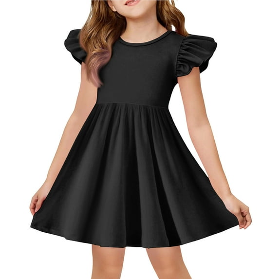 Girls Ruffle Sleeve A Line Dress Solid Color T Shirt Tunic Summer Princess Tunic Easter Day Party Outfit Flowy Silhouette For Little Girls Spring Outdoor Picnic Dress Black 160