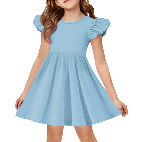 Girls Ruffle Sleeve A Line Dress Solid Color T Shirt Tunic Summer Princess Tunic Easter Day Party Outfit Flowy Silhouette For Little Girls Spring Outdoor Picnic Dress Light Blue 110