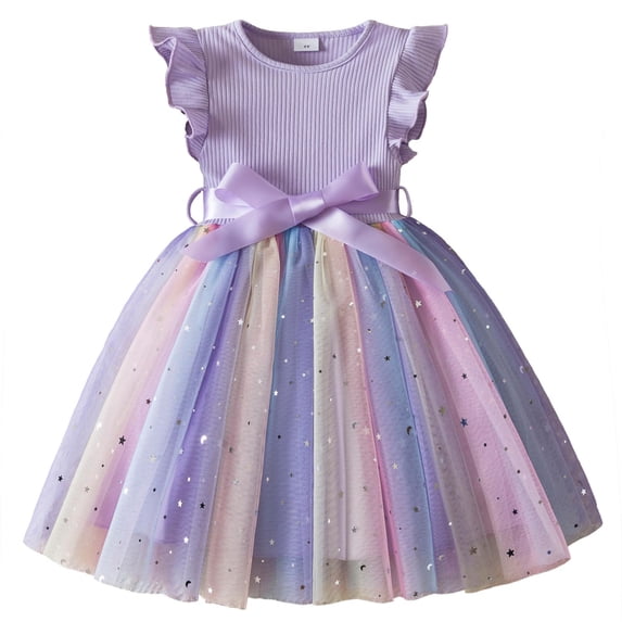 Girls Ruffle Sleeve Princess Dress Gradient Tulle Dress Satin Bow Waist Dress Birthday Party Pageant Dress Flowy A Line Silhouette Dress For Girls Purple 3Y