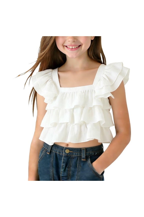 Girls Ruffle Sleeve T Shirts Summer Casual Cute Tiered Cropped Shirt Squard Neck Fashion Tees Breathable Comfy Blouse Lightweight Loose Tops 2-13 Years