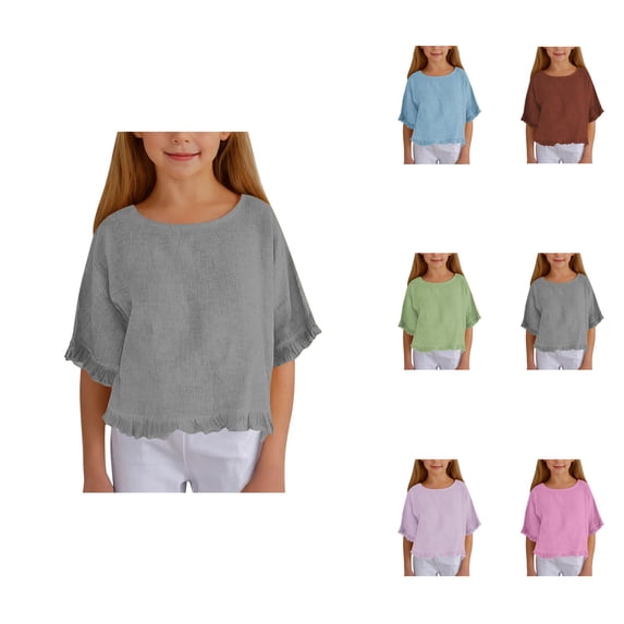 Girls Ruffle Sleeve T-Shirts Summer Short-Sleeve Casual Cute Crewneck Tops 5-14 Years