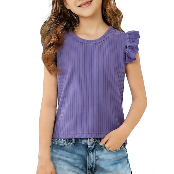 Girls Ruffle Sleeve Top Ribbed Knit Crewneck Short Sleeve Shirt Soft Stretchy Tee Solid Purple Summer Casual,Size 3-4T