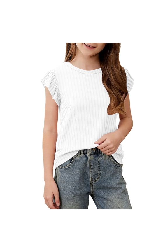 Girls Ruffle Sleeve Top White Ribbed Knit Sleeveless Soft Casual Crewneck Summer Shirt for Girls Kids Youth,Size 9-10 T