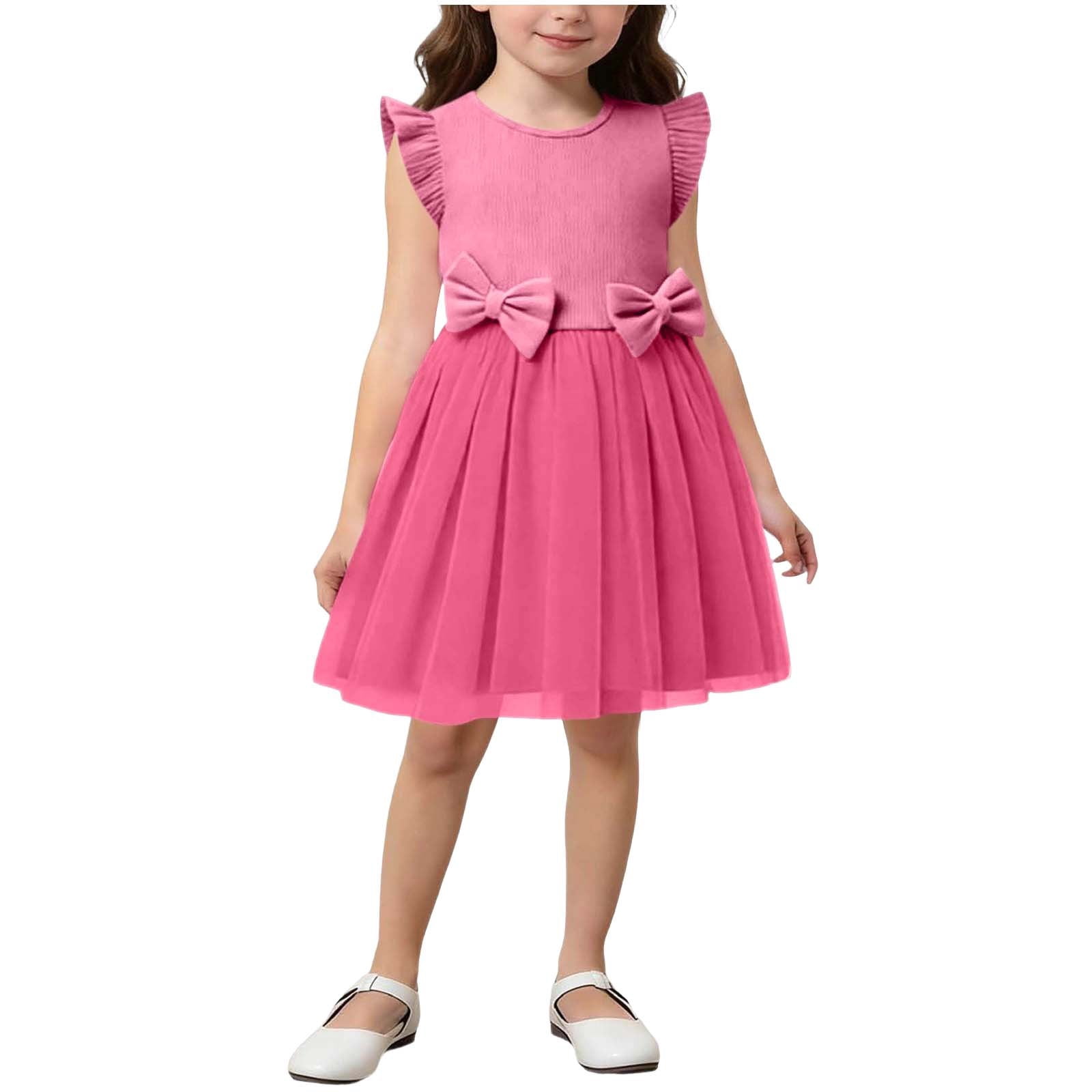 Girls Ruffle Sleeve Tulle Bow Dress Kids Flower Girl Birthday Party ...