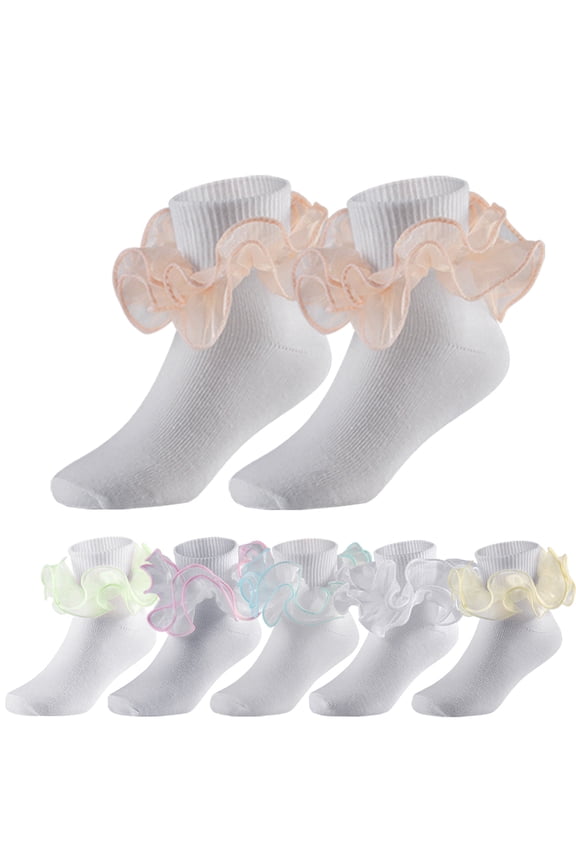 Girls Ruffle Socks Big Double Lace Frilly Trim Dress Socks 6 Pairs (L)