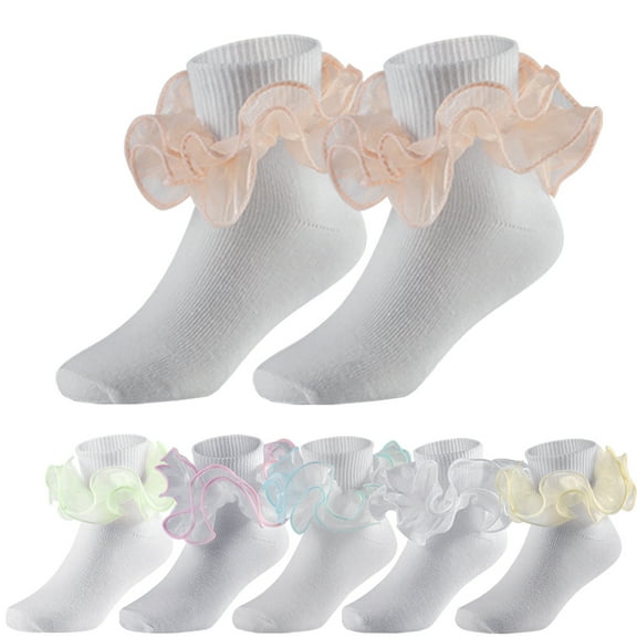 Girls Ruffle Socks Big Double Lace Frilly Trim Dress Socks 6 Pairs (XS)