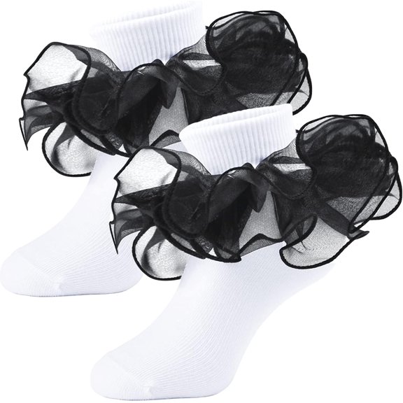 Girls Ruffle Socks Double Lace Frilly Dress Socks Kids Turn Cuff Socks for Toddler Little Girls 2/3 Pack