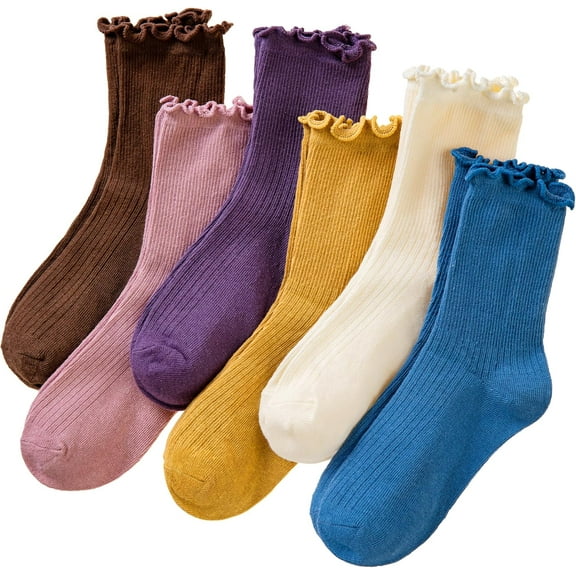 Girls Ruffle Socks Frilly Kids Crew Dress Cotton Soft Cute Toddler Socks 6 Pairs