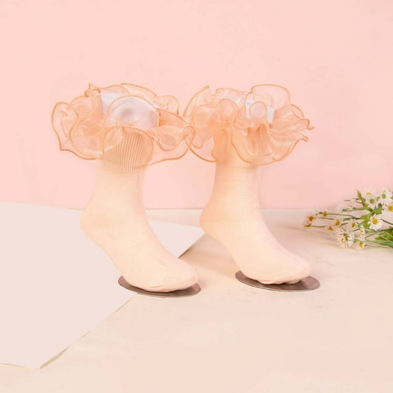 Girls Ruffle Socks Lace Sock Pure Color Combed Edge Socks with Ruffles for Pageant(Beige Over 10 years old)
