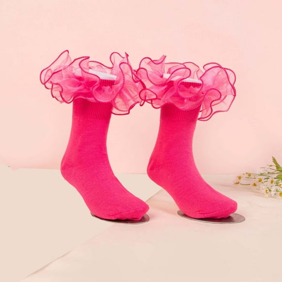 Girls Ruffle Socks Lace Sock Pure Color Combed Edge Socks with Ruffles for Pageant(Hot Pink 4-6 Years)
