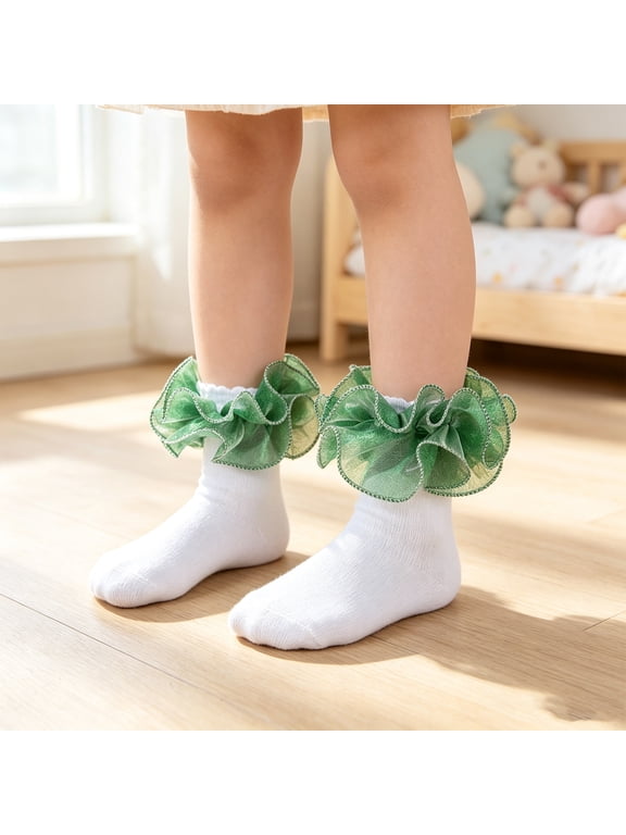 Girls Ruffle Socks Lace Trim Shiny Silk Princess Dance Socks Breathable Elastic Anklet Dress Socks for School and Daily Dance