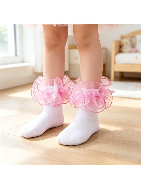 Girls Ruffle Socks Lace Trim Shiny Silk Princess Dance Socks Breathable Elastic Anklet Dress Socks for School and Daily Dance