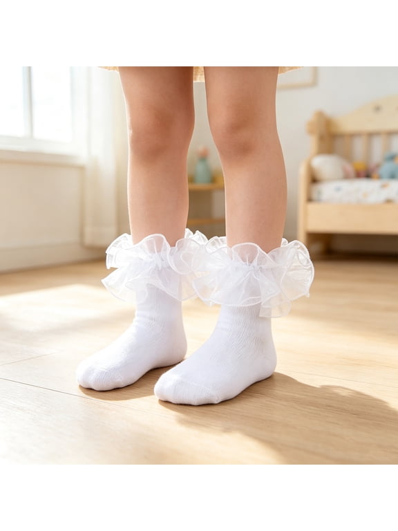 Girls Ruffle Socks Lace Trim Shiny Silk Princess Dance Socks Breathable Elastic Anklet Dress Socks for School and Daily Dance