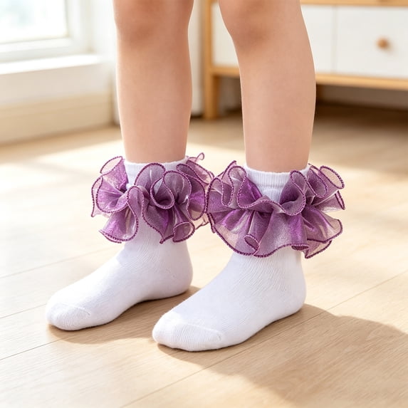 Girls Ruffle Socks Lace Trim Shiny Silk Princess Dance Socks Breathable Elastic Anklet Dress Socks for School and Daily Dance