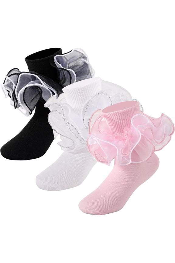 Ruffle Socks 4-Layer Big Fluffy Lace Frilly Dress Socks Turn Cuff Fancy Pageant Sock