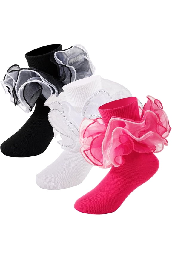 Ruffle Socks 4-Layer Big Fluffy Lace Frilly Dress Socks Turn Cuff Fancy Pageant Sock