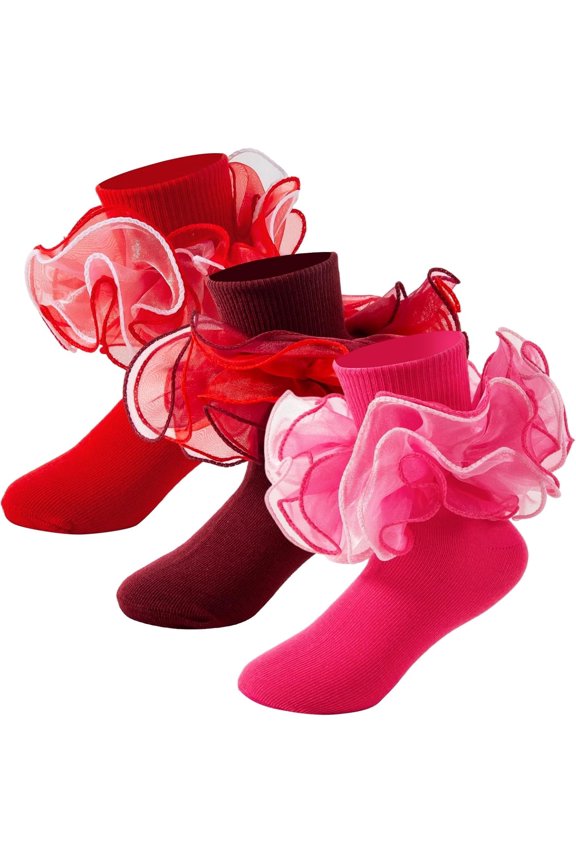 Ruffle Socks 4-Layer Big Fluffy Lace Frilly Dress Socks Turn Cuff Fancy Pageant Sock