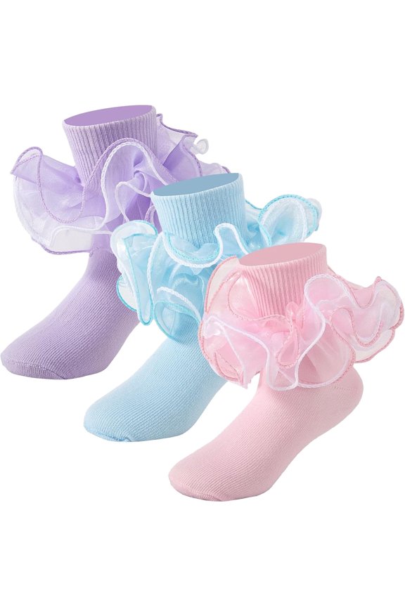 Ruffle Socks 4-Layer Big Fluffy Lace Frilly Dress Socks Turn Cuff Fancy Pageant Sock