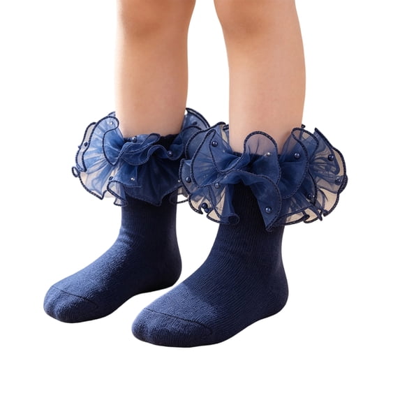 Girls Ruffle Socks with Pearl Trim Double Lace Cotton Sock Frilly Ankle Socks for Girls Kids Princess Style Dress Socks Stretchy Fit Daily Wear
