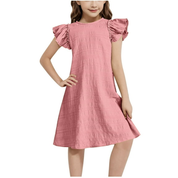 Girls Ruffle Summer Dress Size 6 Flutter Sleeve Casual Sun Dress Vacation Midi A Line School Dresses Pink, 6-7 Years