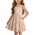 thumbnail image 1 of Girls Ruffle Tiered Dress Big Girls Solid Color Casual Spaghetti Strap Ruffle Trim Cake Dress Fashion Loose Fit Summer Daily Wear Outfit Beige, 1 of 7