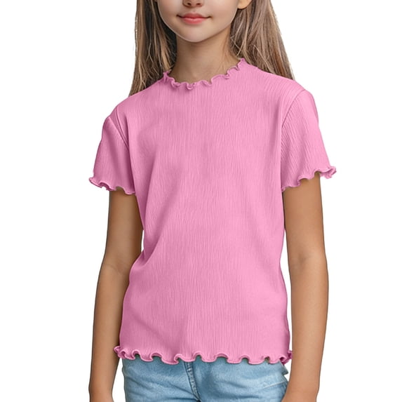 Girls Ruffle Top Short Sleeve Ribbed Mock Neck Casual Shirt Pink for Kids Little Kids Everyday,Size 4-5T