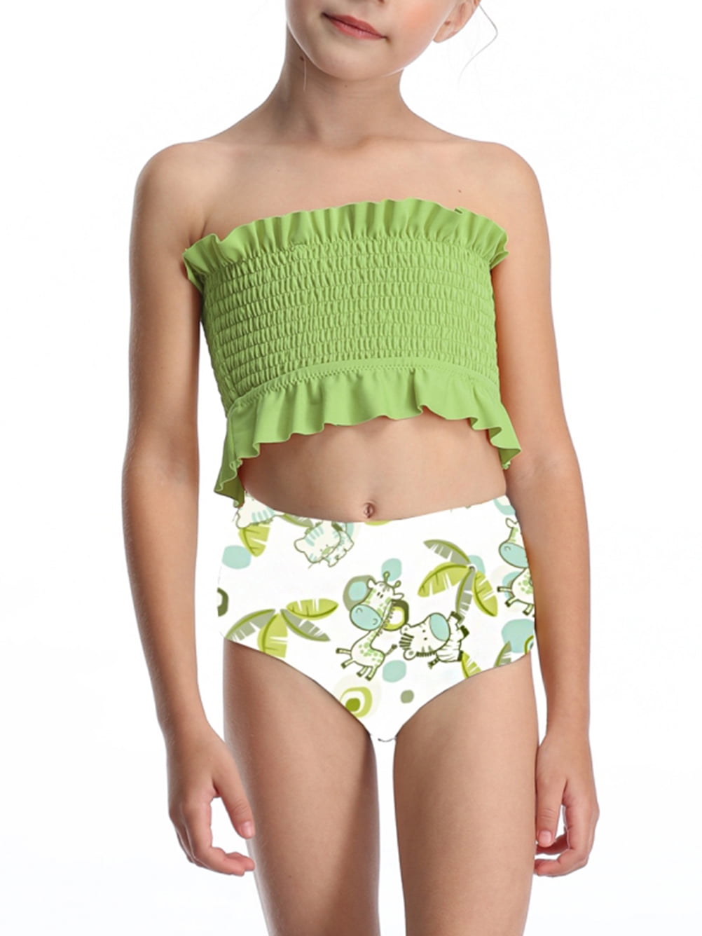 Girls Ruffle Trim Strapless Bandeau Shirred Bikini Set Two Piece Swimsuits  Swimwear Bathing Suit