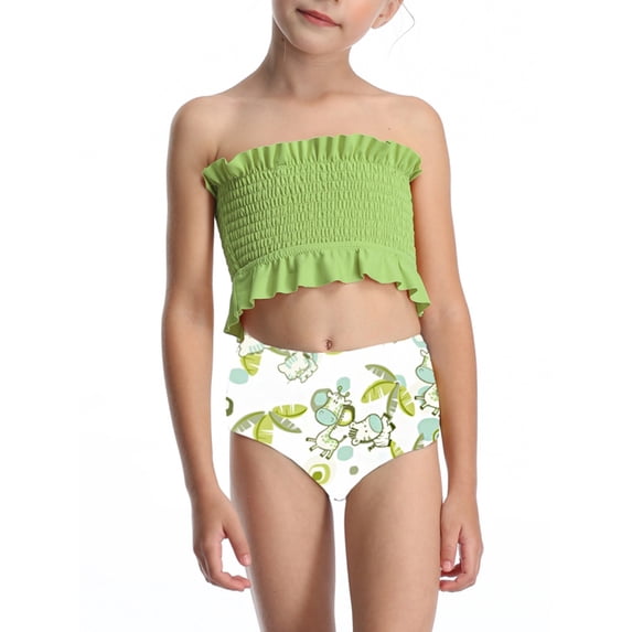 Girls Ruffle Trim Strapless Bandeau Shirred Bikini Set Two Piece Swimsuits Swimwear Bathing Suit