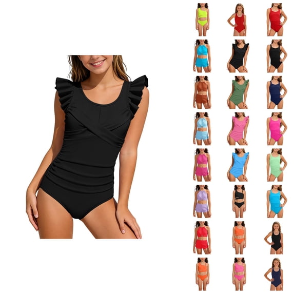 Girls Ruffle Trim Swimsuit Back Bathing For Teen Youth