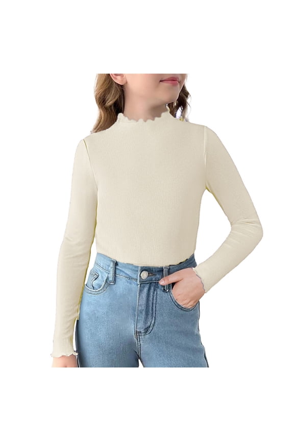 Girls Ruffle Turtleneck Long Sleeve Shirts Ribbed Cotton Base Layer Top Slim Fit Pullover Blouse Tee
