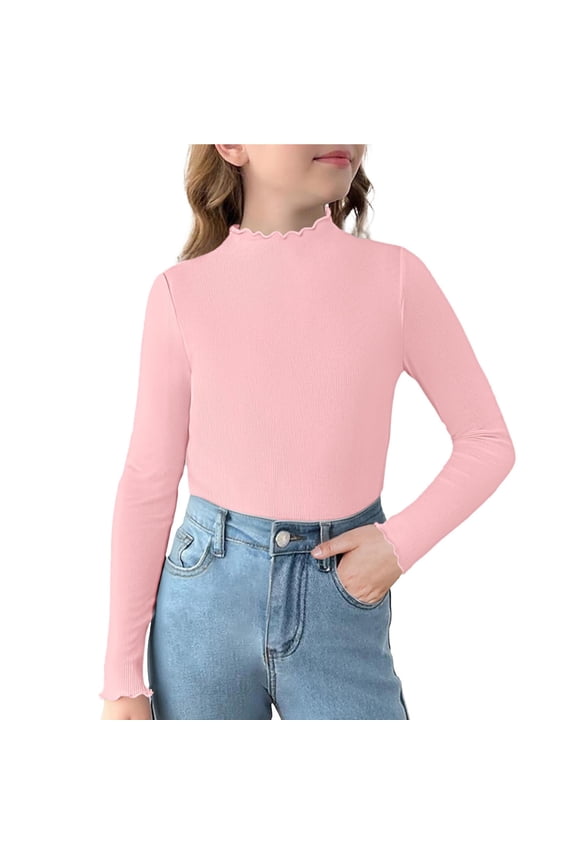 Girls Ruffle Turtleneck Long Sleeve Shirts Ribbed Cotton Base Layer Top Slim Fit Pullover Blouse Tee