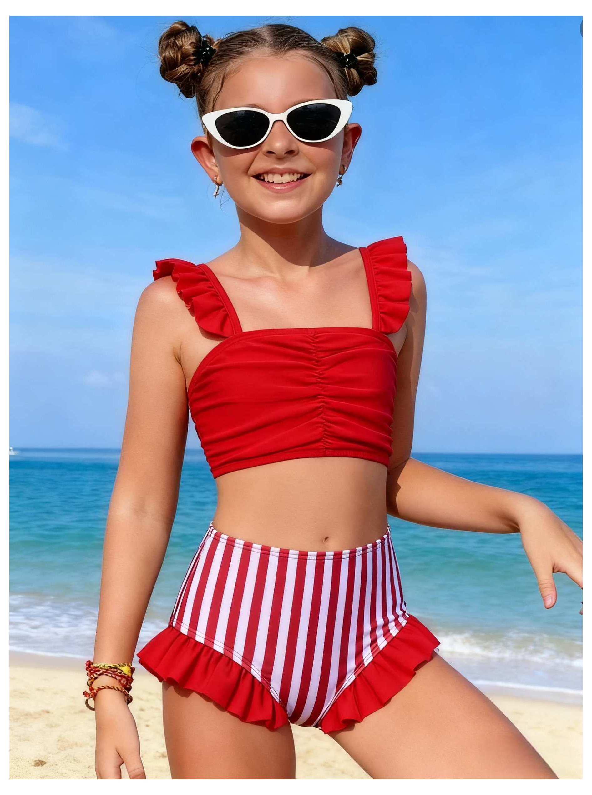Girls' Ruffled Bikini Set - Red & White Stripe Swimsuit for Kids - 2 ...
