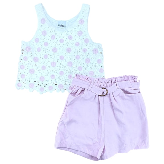Girls 2 Pc Pink Daisy Crochet Style Tank Top & Elastic Waist Belted Shorts 16