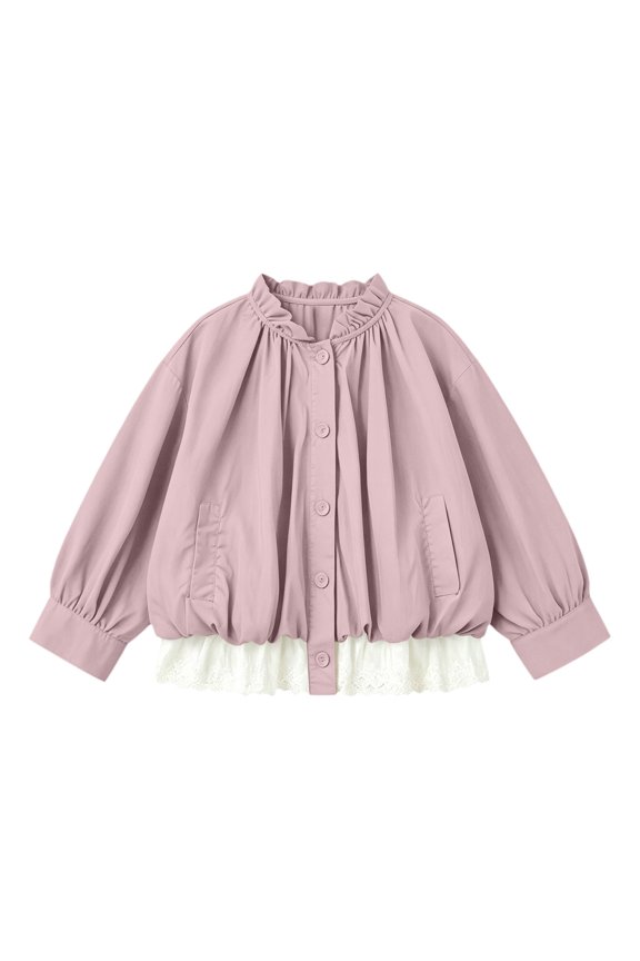 Girls Ruffled Collar Light Windbreaker Puff Long Sleeve Button Casual Jacket with Lace Trim Toddler Coats for Girls Outerwear